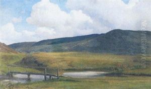 Bakket Landskab Med Alob Og Traebro by Edvard Frederik Petersen