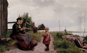 Sommarlandskap - Kvinna Med Handarbete Och Lekande Barn