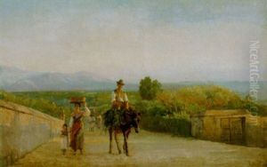 Italienskt Landskap Med Figurer I Solnedgang by Edvard Frederik Petersen