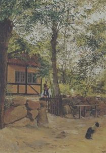 Parti Fra Hosterkob Med Mand Og Hund Ved Et Hus by Edvard Frederik Petersen
