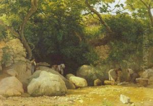 Sceneri Med Vaskekoner Ved En Flod, Italien Sceneri Med Vaskekoner Ved En Flod, Italien