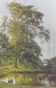 En Gruppe Traeer Ved Et Vandlob. Eftermiddag by Edvard Frederik Petersen