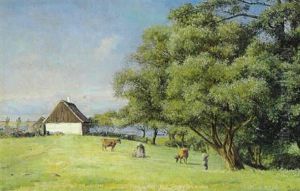 Kone Og Born I Marken Med Bondehus Ved En So