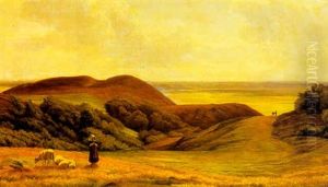 Bakket Jysk Landskab Med Pige Og Far by Edvard Frederik Petersen