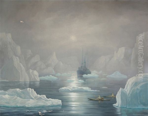 Kayaks And A Ship In A Greenlandic Fiord - view 1