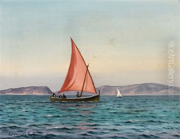Fishermen In A Dinghy Off A Rocky Coast - view 1