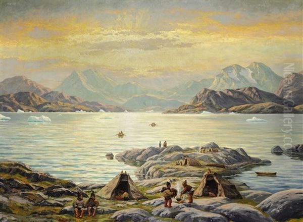 Summer Day At A Greenlandic Fiord With Women Preparing Food Over Open Fire - view 1