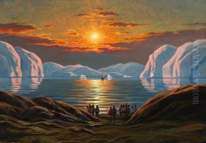 Sunset View Of A Sailing Ship Arriving At A Greenland Settlement by Emanuel A. Petersen