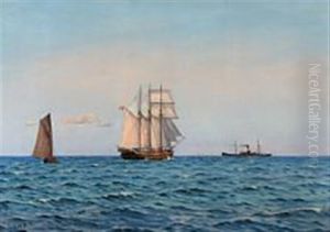 Seascape With Sailboats And Steamship On A Clear Day