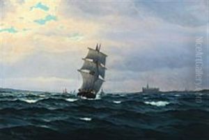 Seascape With Sailing Ships And Steamerships Off Kronborg, Denmark by Emanuel A. Petersen