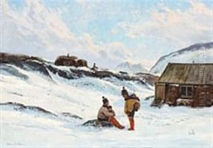 A Family Of Inuits In Front Of Their House