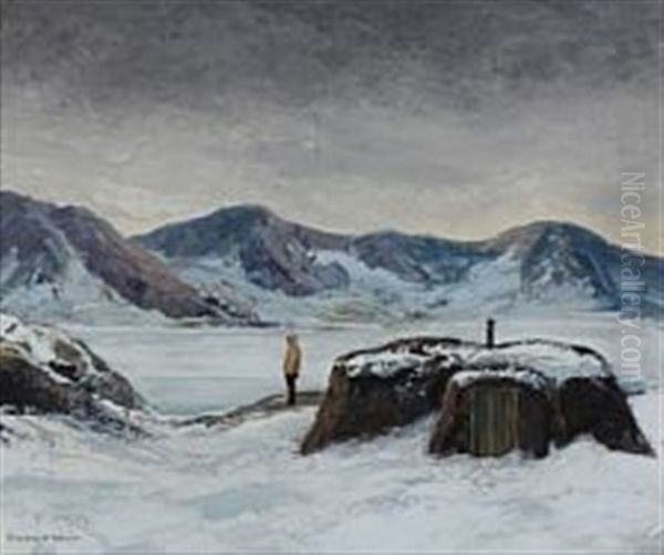 An Inuit Is Looking At The Snowy Landscape Of Greenland - view 1