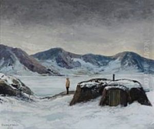 An Inuit Is Looking At The Snowy Landscape Of Greenland by Emanuel A. Petersen