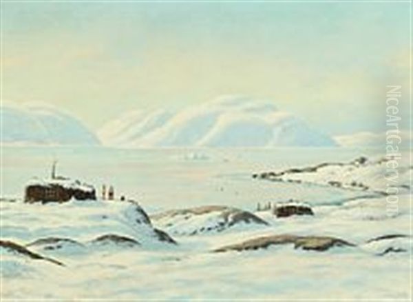 Greenlandic Landscape With Settlement By An Icelocked Fiord - view 1