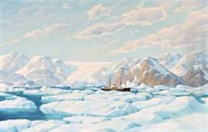A Ship Is Making Its Way Through The Drifting Ice, Greenland by Emanuel A. Petersen