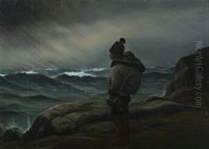 Coastal Scene From Greenland With Inuit Woman Gazing At The Horizon