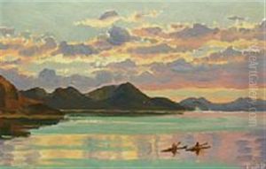 View From A Greenlandic Firth With Reddened Sky And Two Kayaks