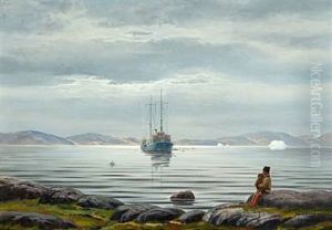 Scenery From A Greenlandic Fiord With Ship And Fishermen Kayaks