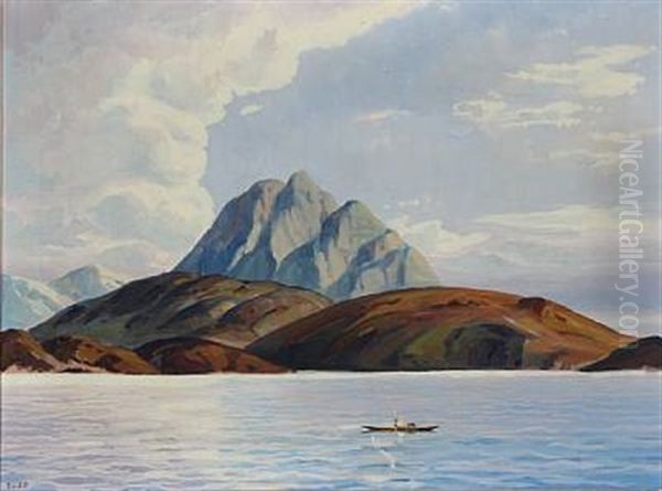 Greenland Fjord With A Hunter In A Kayak by Emanuel A. Petersen