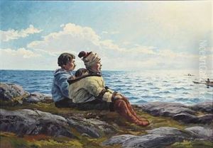 Coastal Scene With Two Greenlanders Overlooking The Sea Coastal Scene With Two Greenlanders Overlooking The Sea