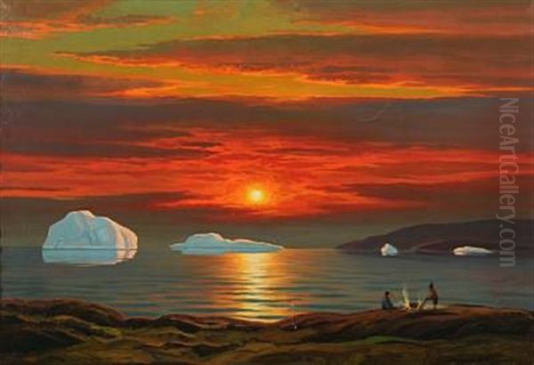 Greenlandic Landscape With People By The Fire In The Sunset - view 1