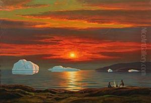 Greenlandic Landscape With People By The Fire In The Sunset by Emanuel A. Petersen