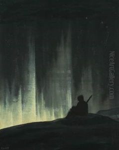 Scenery From Greenland With A Person In The Northern Lights by Emanuel A. Petersen