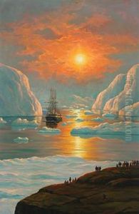 Greenlandic Fjord With Ship Setting Out In The Midnight Sun