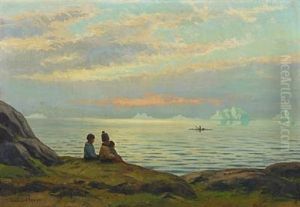 Sunset With Greenlandic Children Overlooking The Sea