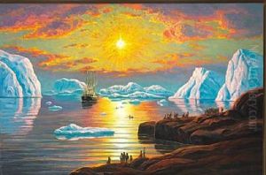 Midnight Sun, Greenland. A Ship Is Welcomed With Supplies, Presumably In The Disco Bay