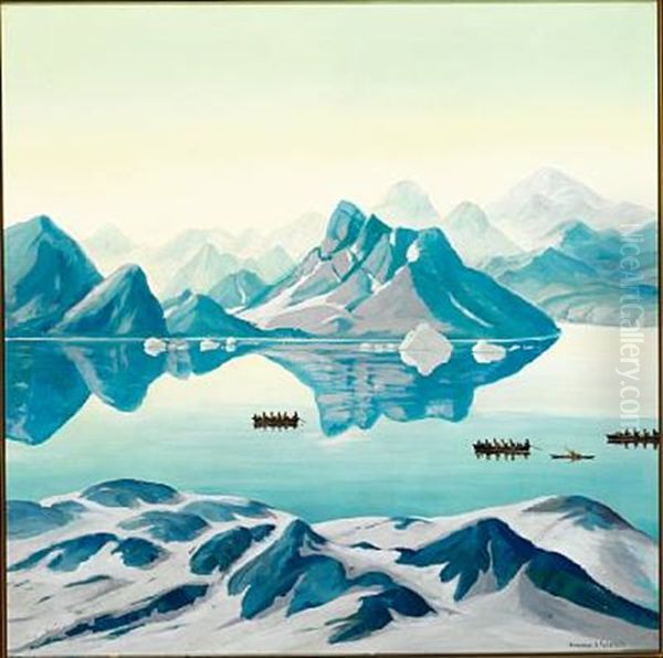 View Of A Greenlandic Fjord With A Kayak And Umiaks - view 1