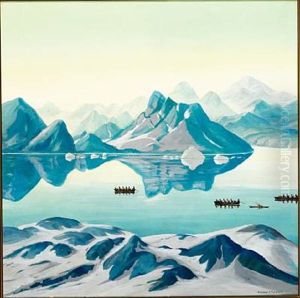 View Of A Greenlandic Fjord With A Kayak And Umiaks View Of A Greenlandic Fjord With A Kayak And Umiaks