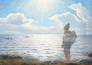 Udsigt Over Havet. Gronlaenderinde Med Amaut