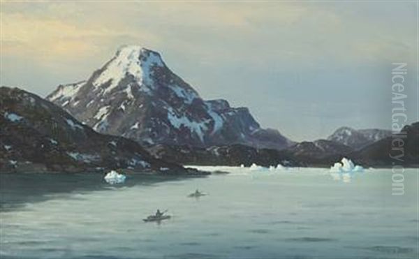 Inuit Hunters In Kayaks On A Fjord - view 1