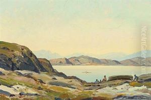 Greelandic Summer Landscape With People By The Fjord by Emanuel A. Petersen