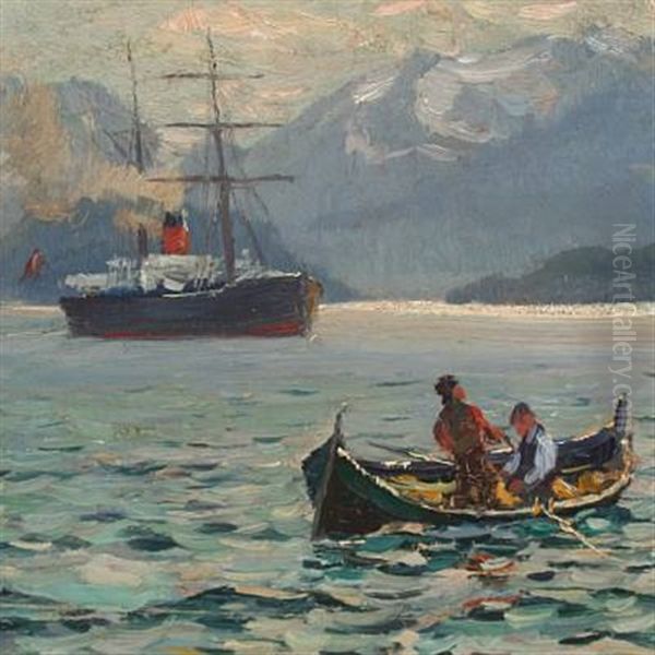 Scenery From Scoresby Sund With Steamer And Canoe - view 1