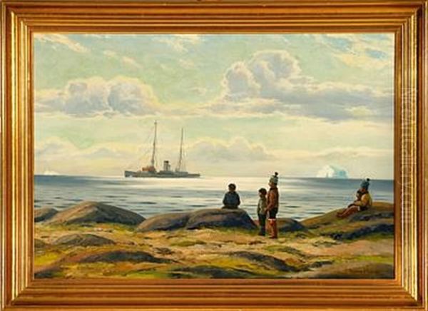 Greenlandic Coastal Scene With Inuits Looking After The Victualling Ship - view 1