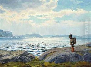 En Eskimokvinde Med Et Barn Pa Ryggen Kigger Ud Over Havet En Eskimokvinde Med Et Barn Pa Ryggen Kigger Ud Over Havet