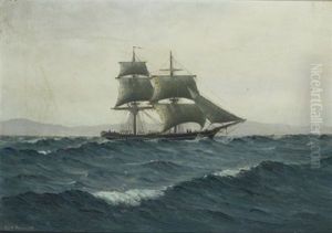 Marine Med Tomastet Skonnert I Frisk Kuling, I Baggrunden Bjergrig Kyst