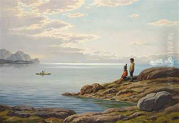 Parti Fra Godthabsfjorden Med To Born Og En Kajakroer, Sommer - view 1
