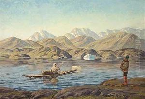 Gronlandsk Fjordparti Med Fanger I En Kajak, I Forgrunden Tager Mor Og Barn Afsked