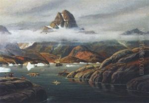 Diset Gronlandsk Fjordparti Med Skib, Bade Og Figurer