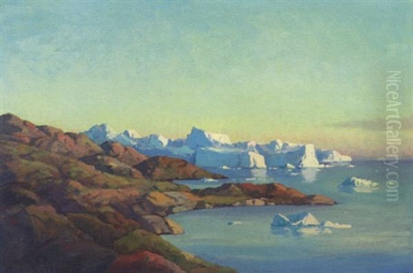 Gronlandsk Fjordparti Med Isbjerge - view 1