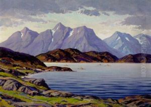 Kystparti Med Fire Kajakroere, Gronland by Emanuel A. Petersen
