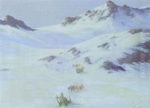Snedaekket Landskab Med Hundeslaeder by Emanuel A. Petersen