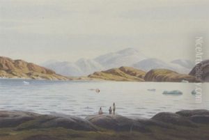 Parti Fra Gronland Med Fanger I Kajak Samt Personer Pa Stranden