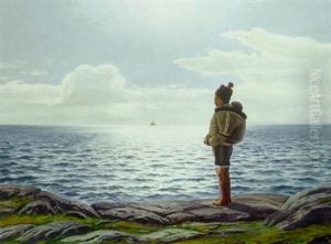 Parti Fra Uperniviks Skaergard Pa Gronland, I Forgrunden Gronlaenderinde Med Barn Der Skuer Mod Kajakker Og Skib Pa Havet
