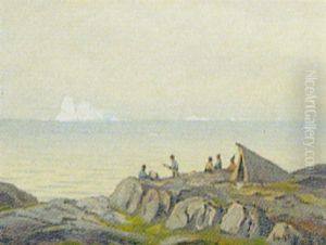 Gronlandsk Kystparti Med Fangerfamilie Foran Telt Gronlandsk Kystparti Med Fangerfamilie Foran Telt