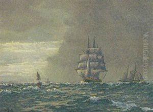 Marine, Sejlskibe Pa Havet, Uvejrsstemning by Emanuel A. Petersen