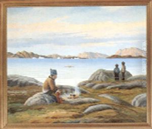 Motiv Fra Gronland, Med Personer Der Betragter Kajakroere